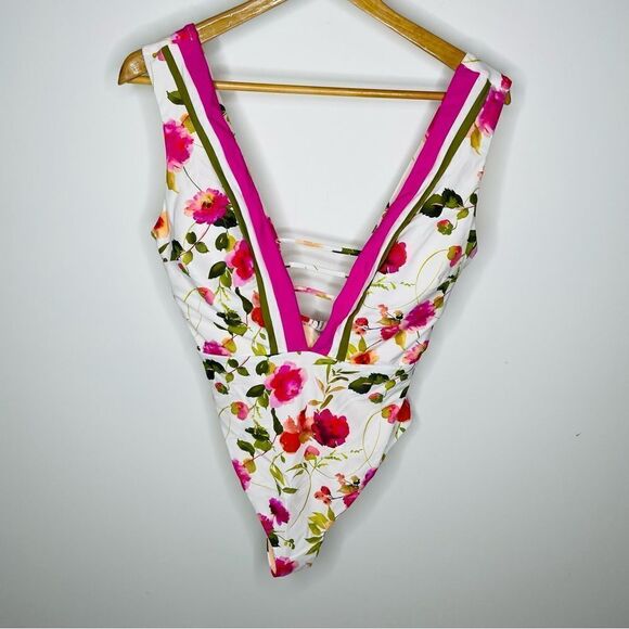 Nanette Lepore Deep Plunge Floral One Piece Swimsuit Swim 10 Flower NEW - Picture 3 of 7
